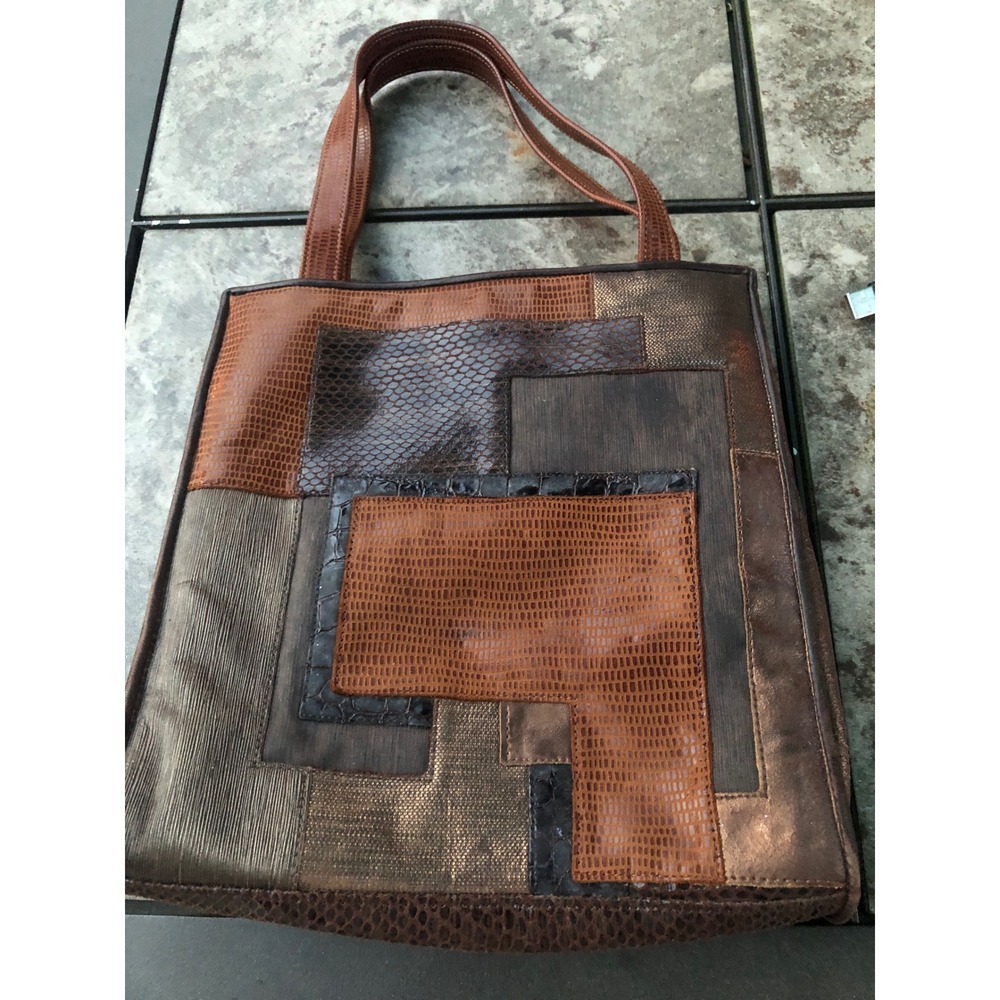 Sharif Studio Patchwork Tote Bag Brown Metallic Snakeskin Embossed Leather Look